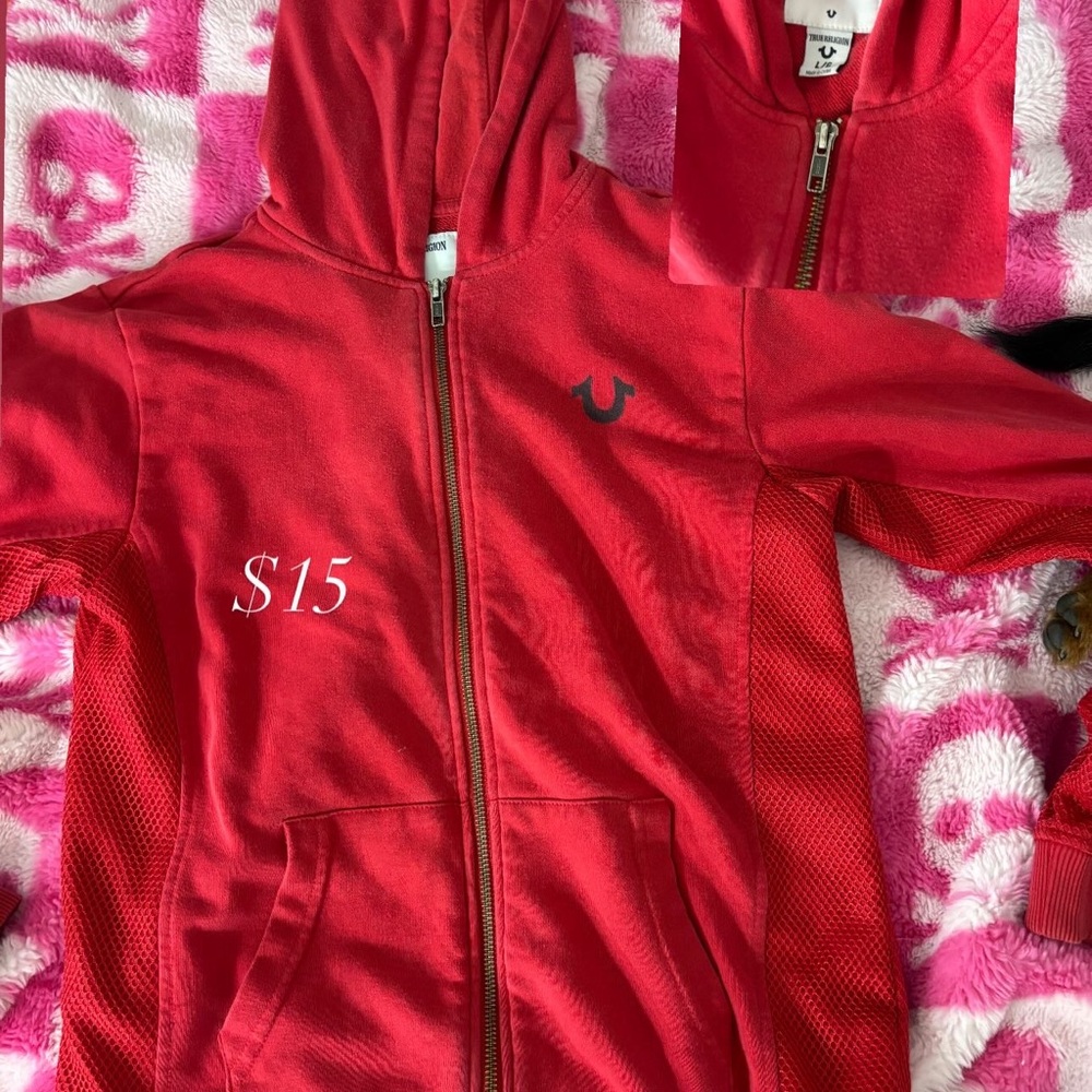 True Religion Red Zip-Up Hoodie Sweatshirt